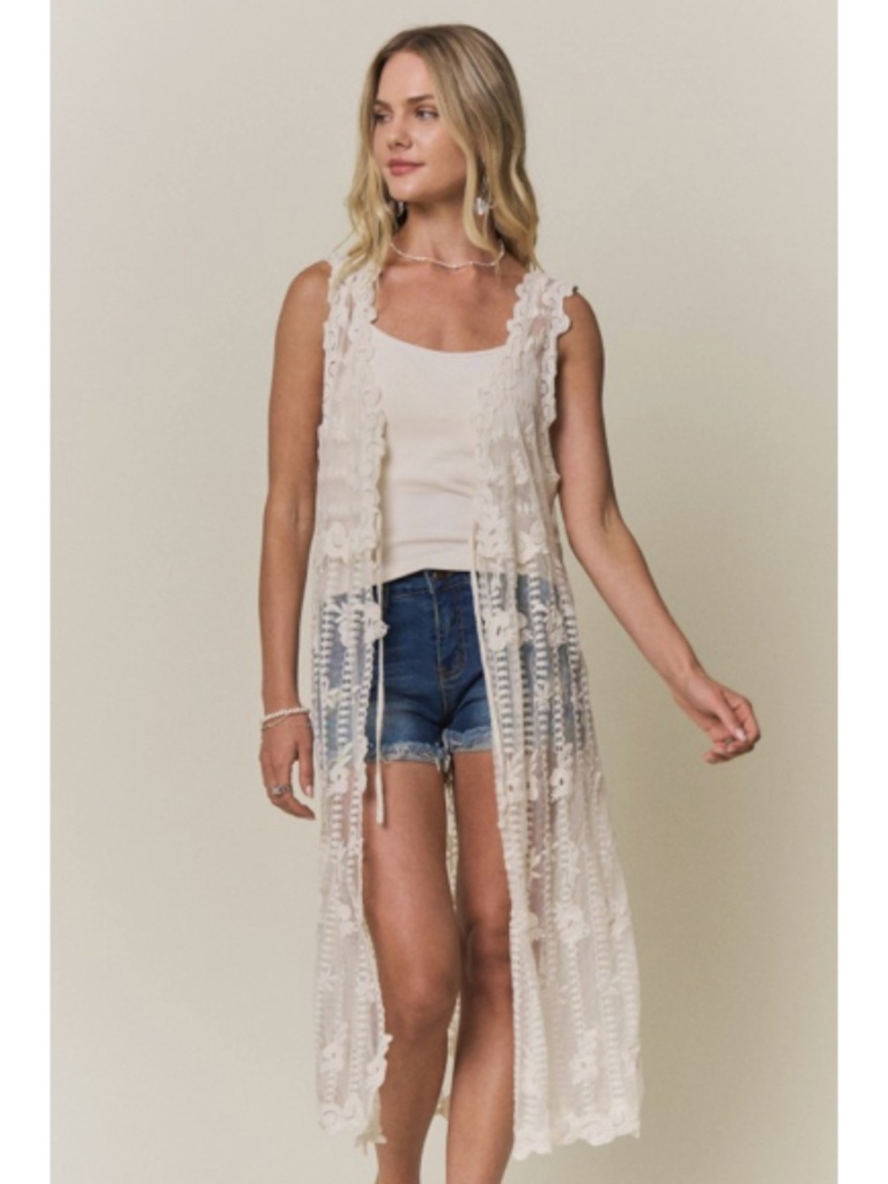 Beige Sheer Floral Lace Longline Boho Scalloped Hem Sleeveless Vest